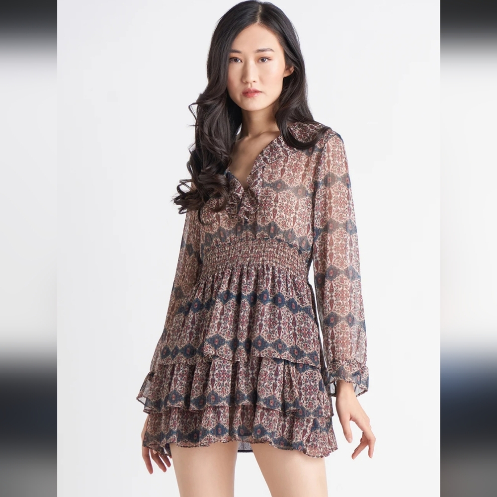 EUC Zara V Neck Ruffle Trim Mini Dress Rust Geo Paisley Boho Cottagecore